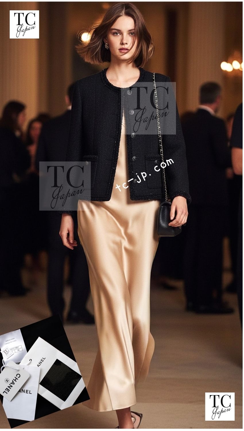 シャネル ジャケット CHANEL 25S ブラック コットン 襟なし ツイード
