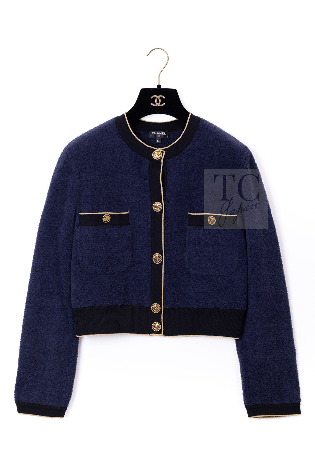 CHANEL 19C Navy Black Gold Cotton Cardigan Jacket 36 シャネル ネイビー ブラック ゴールド コットン カーディガン ジャケット 即発
