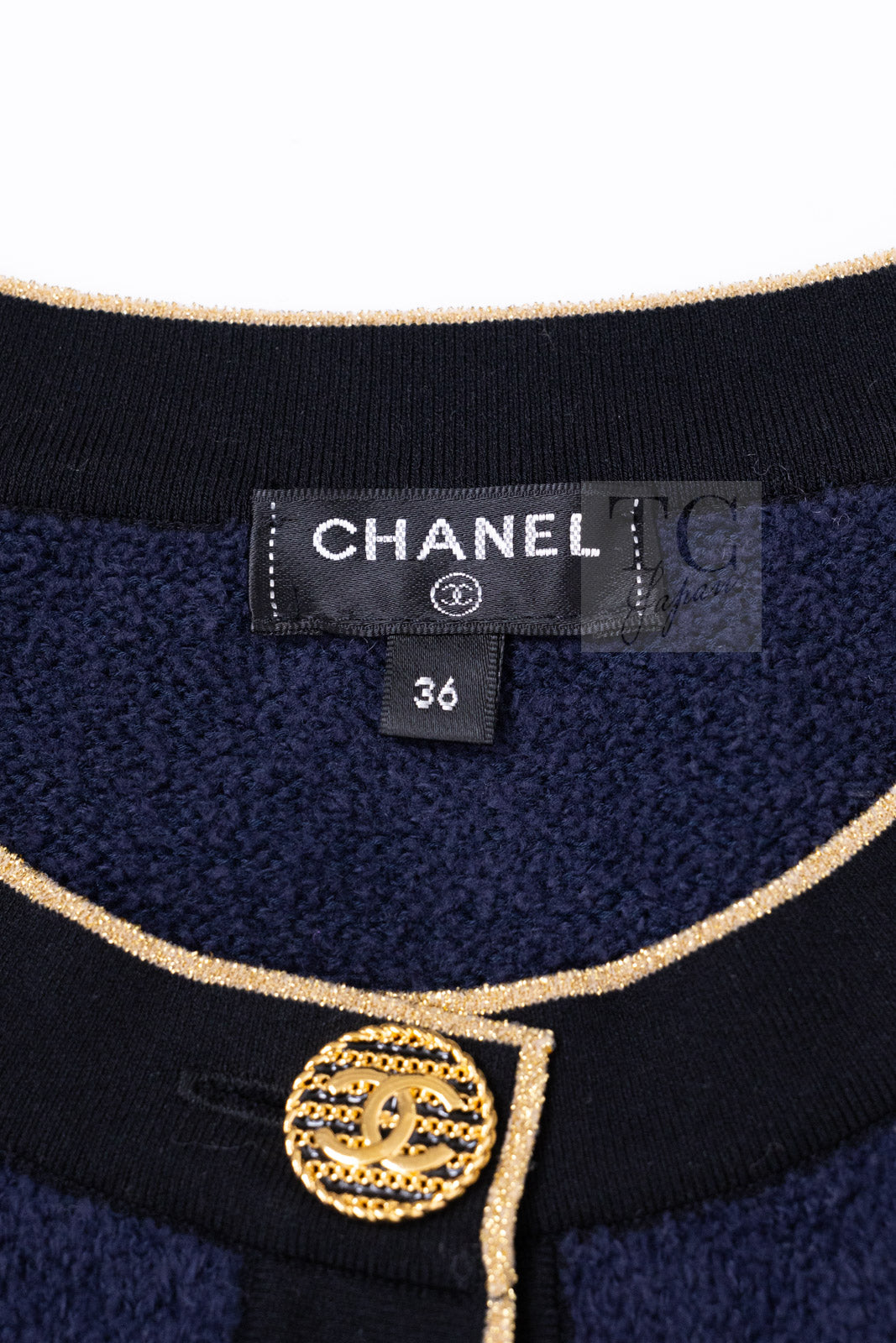 CHANEL 19C Navy Black Gold Cotton Cardigan Jacket 36 シャネル ネイビー ブラック ゴールド コットン カーディガン ジャケット 即発
