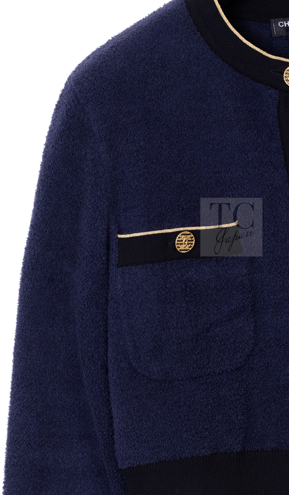 CHANEL 19C Navy Black Gold Cotton Cardigan Jacket 36 シャネル ネイビー ブラック ゴールド コットン カーディガン ジャケット 即発