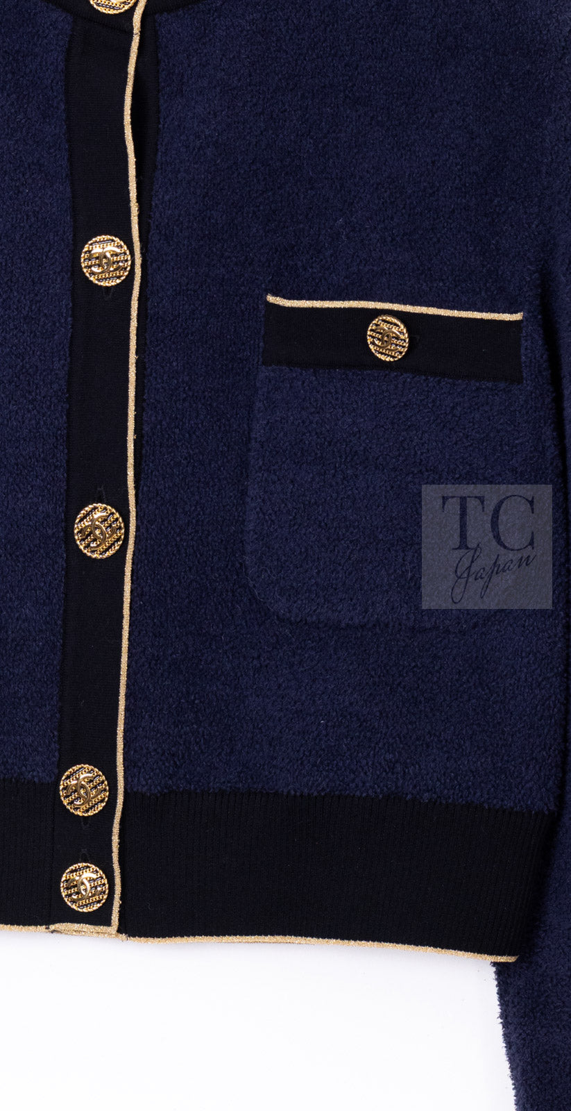 CHANEL 19C Navy Black Gold Cotton Cardigan Jacket 36 シャネル ネイビー ブラック ゴールド コットン カーディガン ジャケット 即発