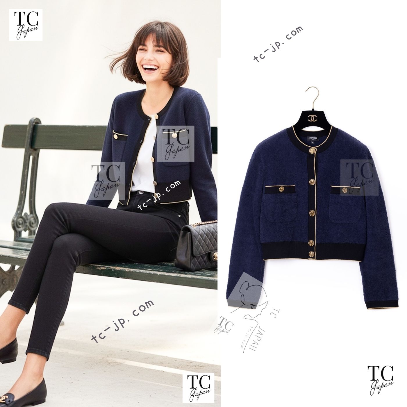 CHANEL 19C Navy Black Gold Cotton Cardigan Jacket 36 シャネル ネイビー ブラック ゴールド コットン カーディガン ジャケット 即発