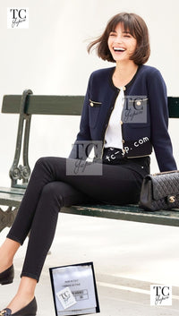 CHANEL 19C Navy Black Gold Cotton Cardigan Jacket 36 シャネル ネイビー ブラック ゴールド コットン カーディガン ジャケット 即発