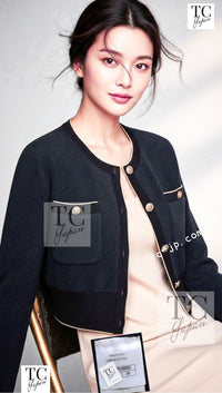 CHANEL 19C Navy Black Gold Cotton Cardigan Jacket 36 シャネル ネイビー ブラック ゴールド コットン カーディガン ジャケット 即発