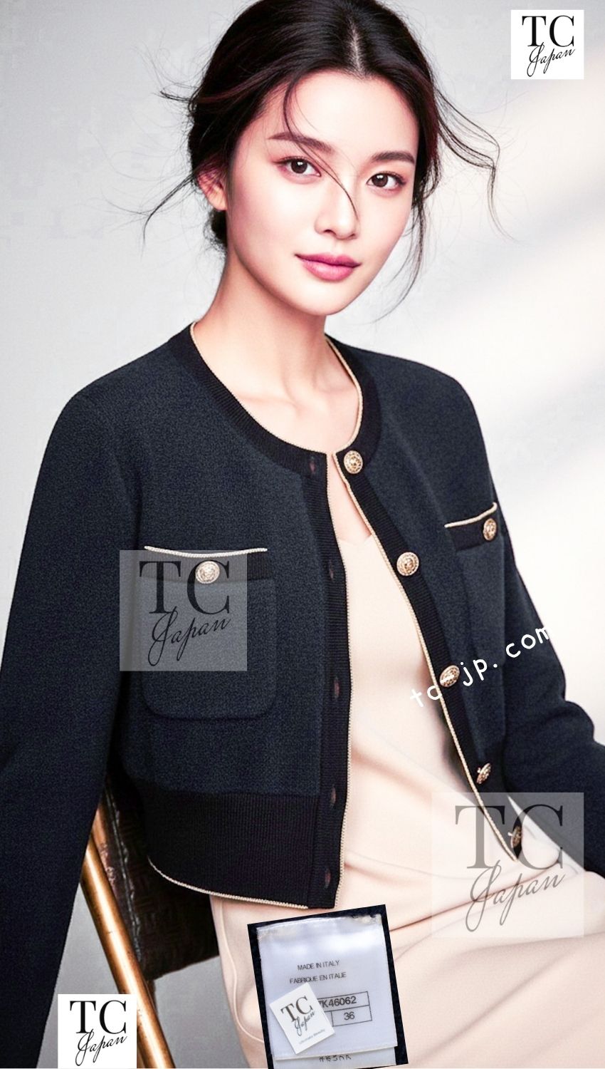 CHANEL 19C Navy Black Gold Cotton Cardigan Jacket 36 シャネル ネイビー ブラック ゴールド コットン カーディガン ジャケット 即発