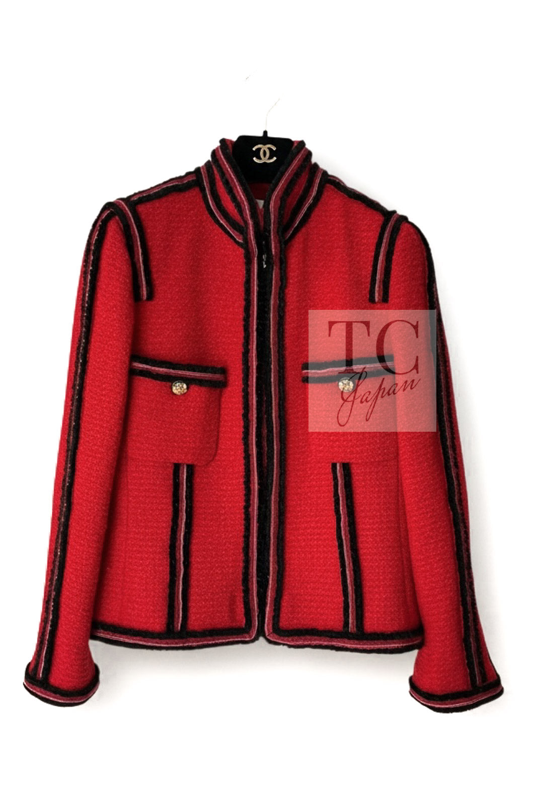 CHANEL 09PF Red Black Trim Wool Zipper Tweed Jacket 42 シャネル レッド ブラック トリム ウール ジッパー ツイード ジャケット 即発