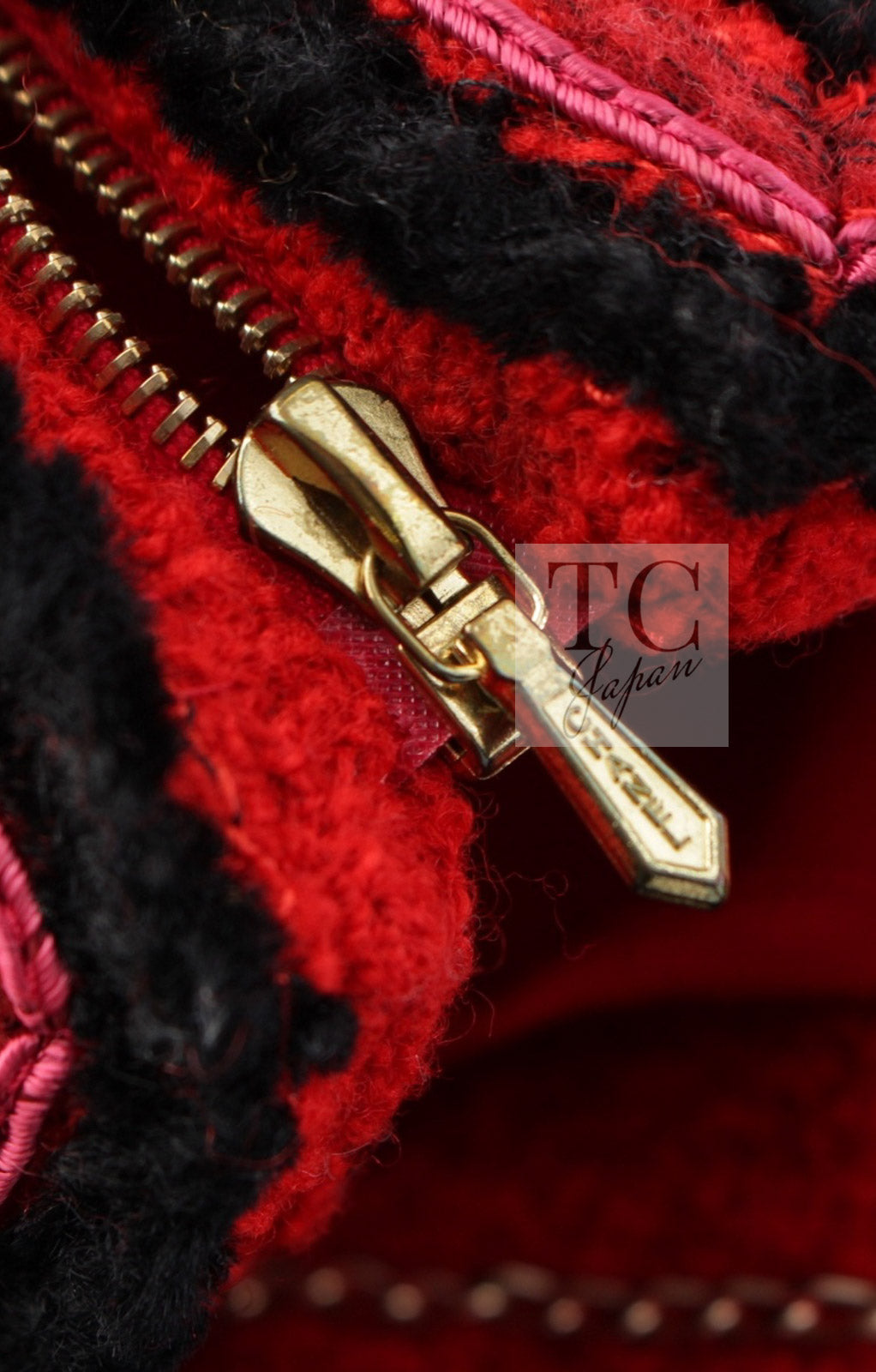 CHANEL 09PF Red Black Trim Wool Zipper Tweed Jacket 42 シャネル レッド ブラック トリム ウール ジッパー ツイード ジャケット 即発