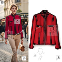 CHANEL 09PF Red Black Trim Wool Zipper Tweed Jacket 42 シャネル レッド ブラック トリム ウール ジッパー ツイード ジャケット 即発