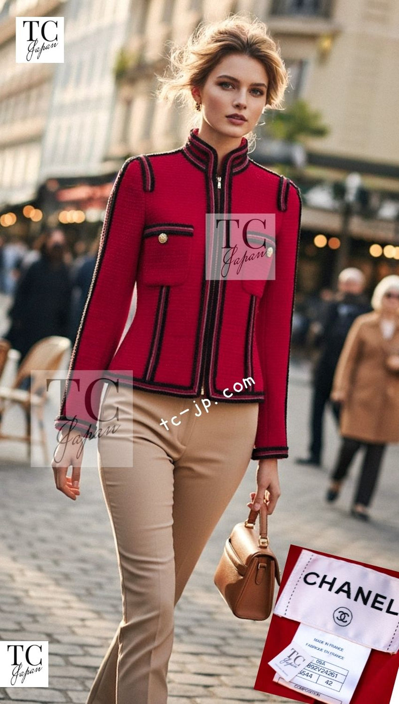 CHANEL 09PF Red Black Trim Wool Zipper Tweed Jacket 42 シャネル レッド ブラック トリム ウール ジッパー ツイード ジャケット 即発
