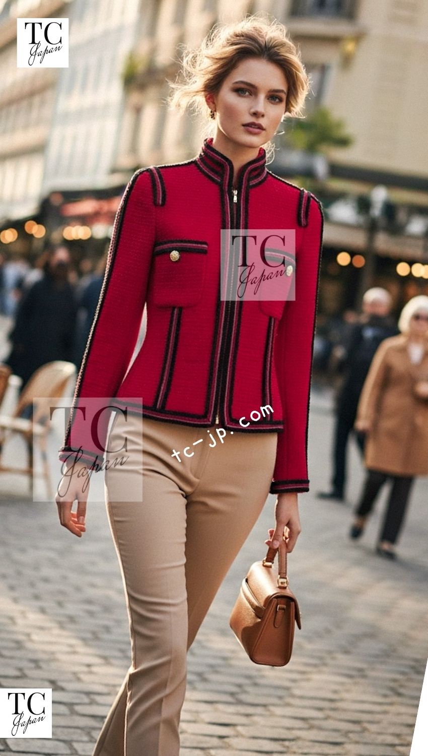 シャネル ジャケット CHANEL ブラック レッド トリム ウール ジッパー ツイード ロマノフ スタンド襟 42