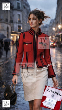 CHANEL 09PF Red Black Trim Wool Zipper Tweed Jacket 42 シャネル レッド ブラック トリム ウール ジッパー ツイード ジャケット 即発