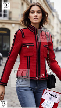 CHANEL 09PF Red Black Trim Wool Zipper Tweed Jacket 42 シャネル レッド ブラック トリム ウール ジッパー ツイード ジャケット 即発