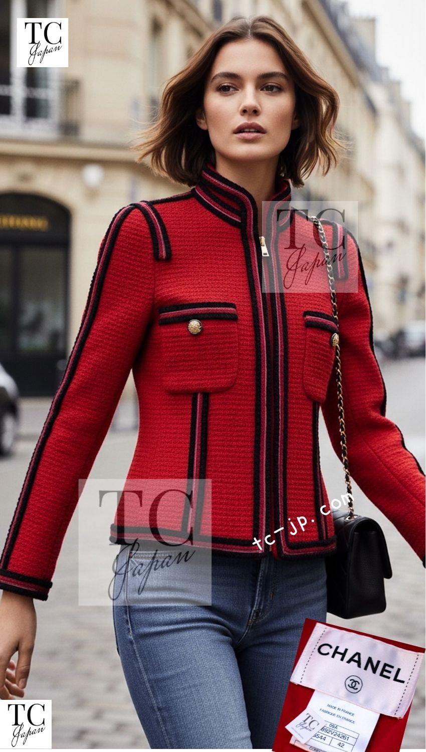 CHANEL 09PF Red Black Trim Wool Zipper Tweed Jacket 42 シャネル レッド ブラック トリム ウール ジッパー ツイード ジャケット 即発