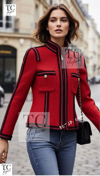 シャネル ジャケット CHANEL ブラック レッド トリム ウール ジッパー ツイード ロマノフ スタンド襟 42