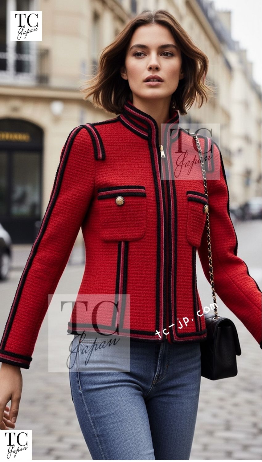 シャネル ジャケット CHANEL ブラック レッド トリム ウール ジッパー ツイード ロマノフ スタンド襟 42
