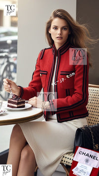 CHANEL 09PF Red Black Trim Wool Zipper Tweed Jacket 42 シャネル レッド ブラック トリム ウール ジッパー ツイード ジャケット 即発