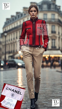 CHANEL 09PF Red Black Trim Wool Zipper Tweed Jacket 42 シャネル レッド ブラック トリム ウール ジッパー ツイード ジャケット 即発