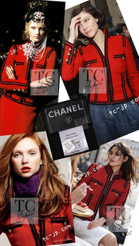 シャネル ジャケット CHANEL ブラック レッド トリム ウール ジッパー ツイード ロマノフ スタンド襟 42