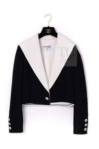 CHANEL Jacket 22C Black White Sailor Collar Silk Crepe 38 シャネル ブラック ホワイト カラー 襟 シルク クレイプ ジャケット
