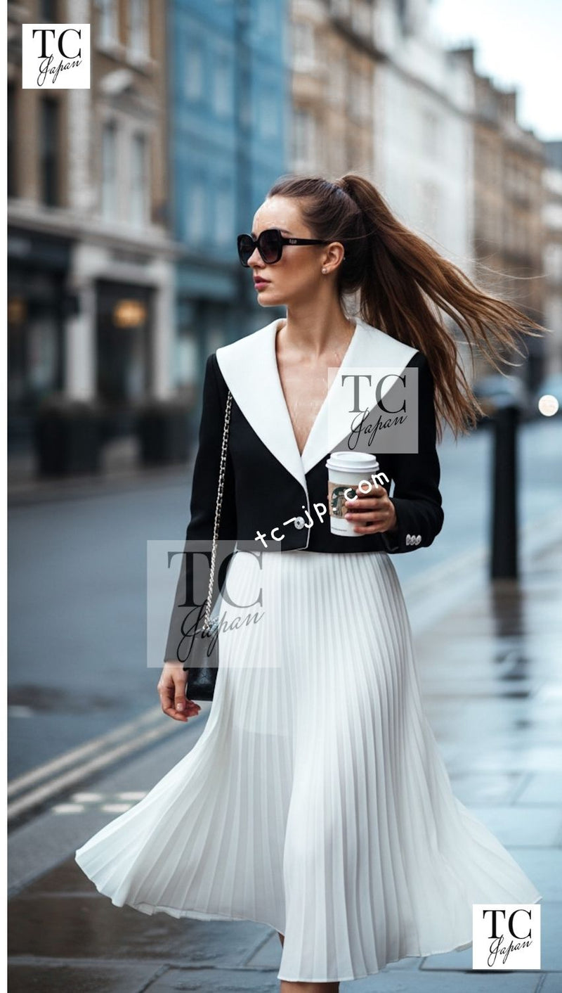 CHANEL Jacket 22C Black White Sailor Collar Silk Crepe 38 シャネル ブラック ホワイト カラー 襟 シルク クレイプ ジャケット
