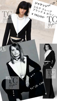 CHANEL Jacket 22C Black White Sailor Collar Silk Crepe 38 シャネル ブラック ホワイト カラー 襟 シルク クレイプ ジャケット