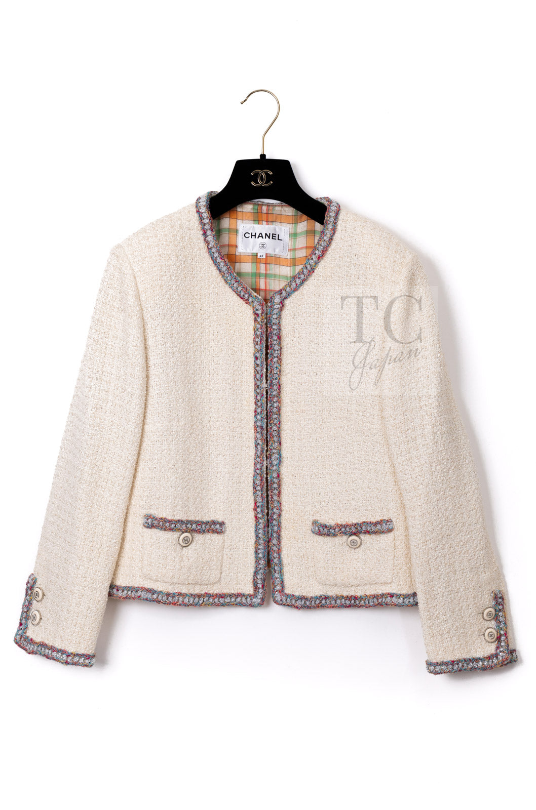 CHANEL 20C Ivory Orange CC Button Cotton Tweed Jacket 42 シャネル アイボリー オレンジ ココボタン ツイード ジャケット 即発
