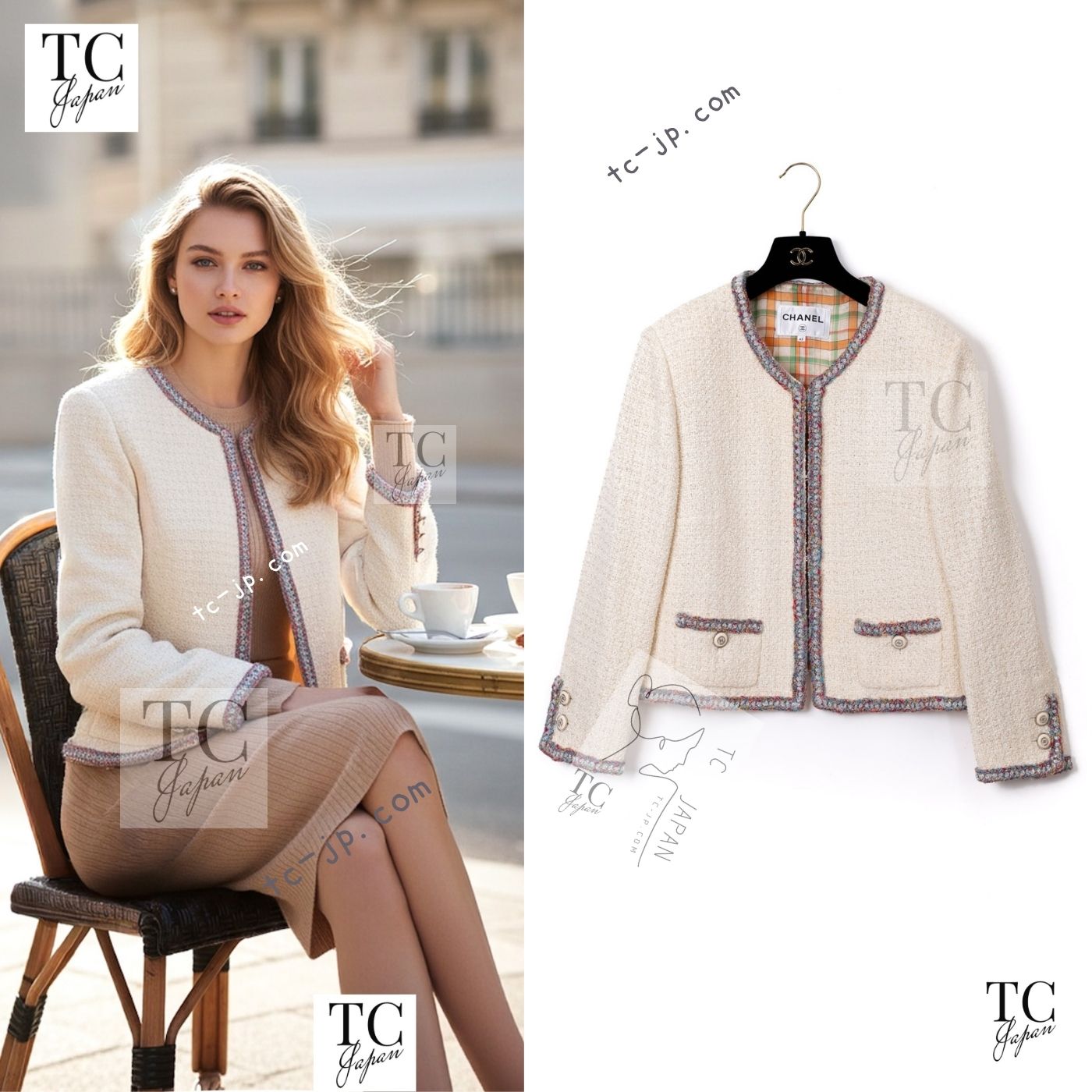 CHANEL 20C Ivory Orange CC Button Cotton Tweed Jacket 42 シャネル アイボリー オレンジ ココボタン ツイード ジャケット 即発