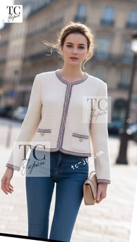 CHANEL 20C Ivory Cotton CC Logo Button Collarless Tweed Jacket 34 36 | HK