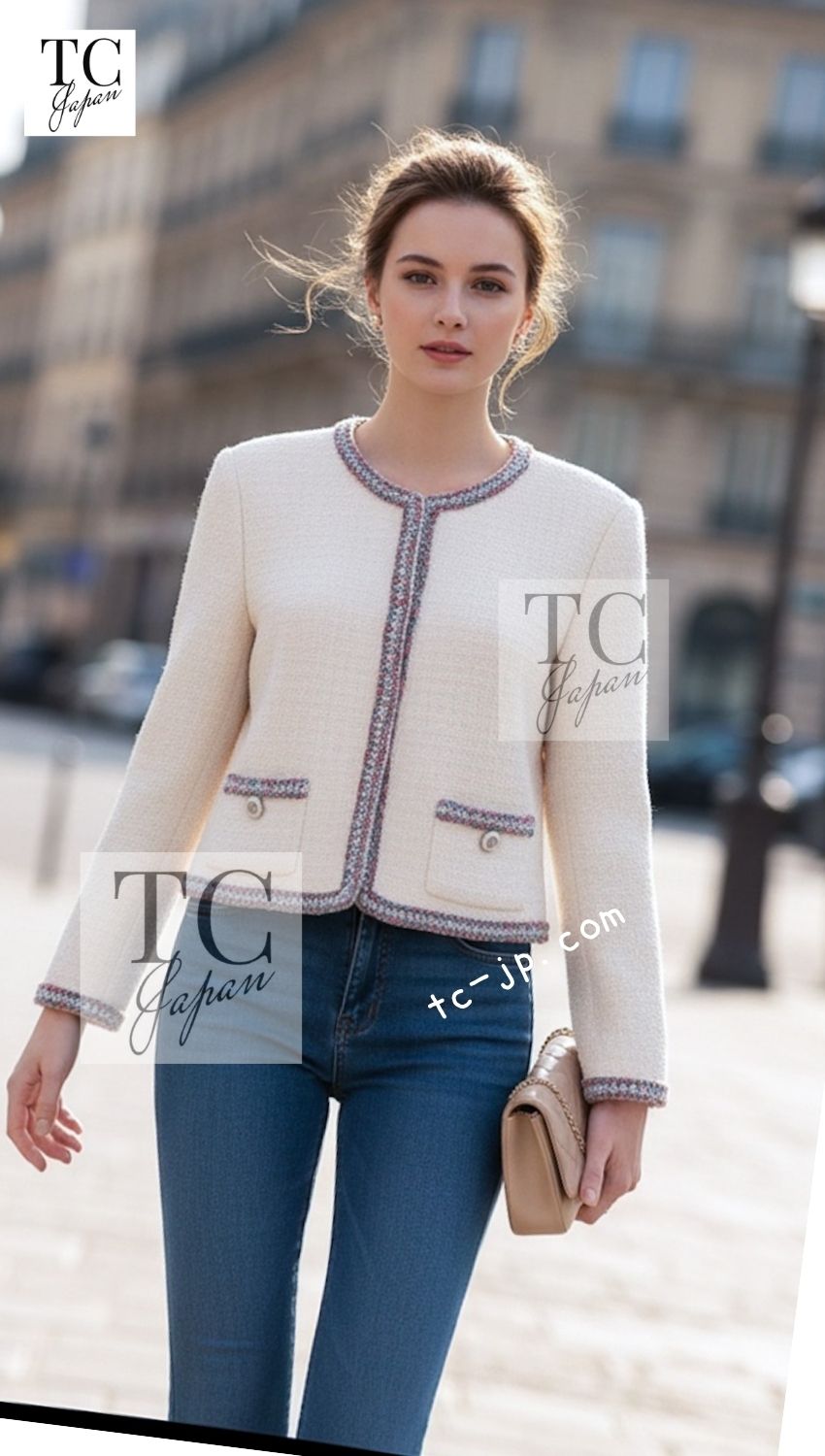 CHANEL 20C Ivory Cotton CC Logo Button Collarless Tweed Jacket 34 36 | HK