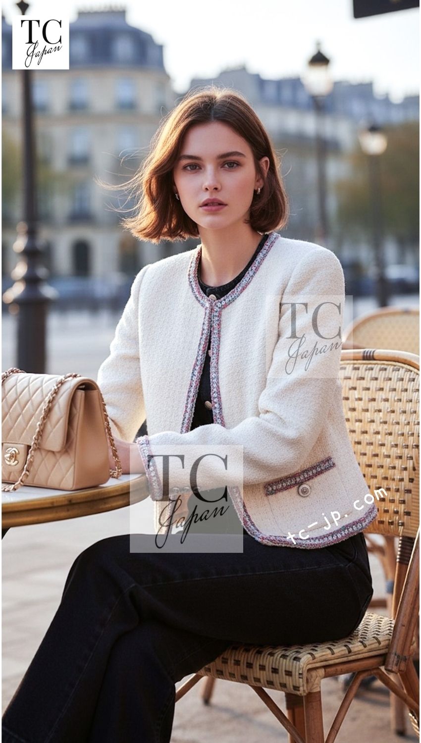 CHANEL 20C Ivory Cotton CC Logo Button Collarless Tweed Jacket 34 36 | HK