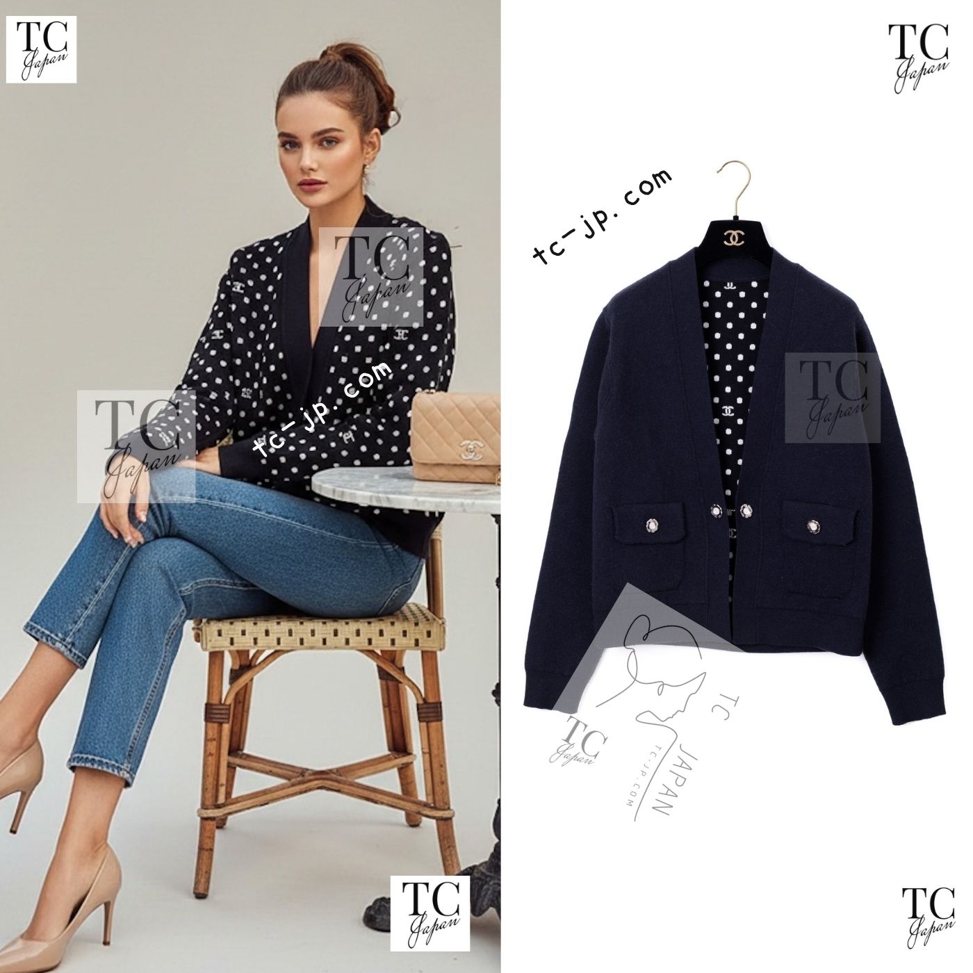 CHANEL 24PS Dark Navy Black Cashmere CC Logo Reversible Cardigan Jacket 36 38 シャネル ダークネイビー ブラック カシミヤ CC ロゴ 裏も可愛い リバーシブル カメリアボタン カーディガン ジャケット