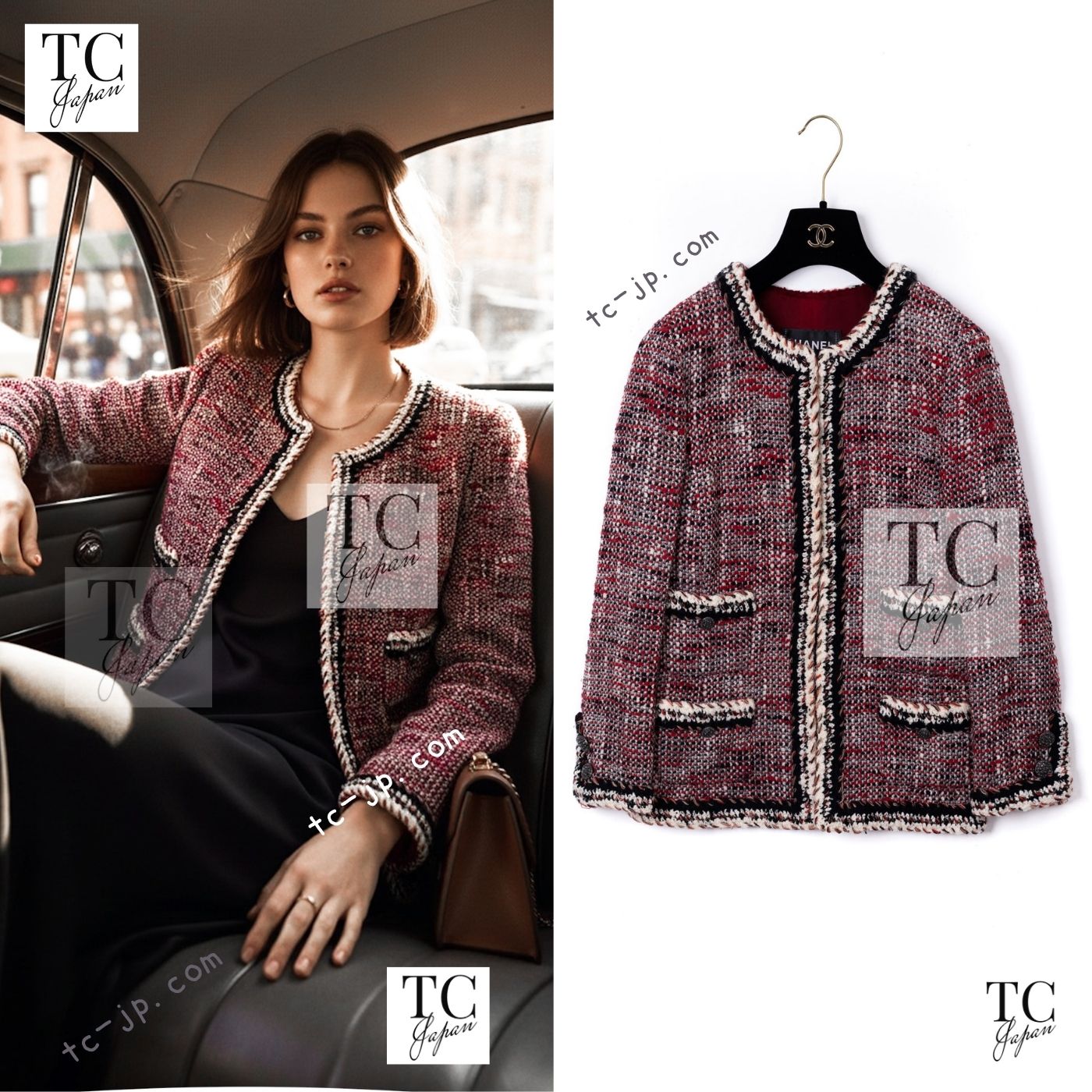 CHANEL 10A Red Black Ivory Wool Tweed Jacket 36 シャネル レッド ブラック アイボリー ウール ツイード ジャケット