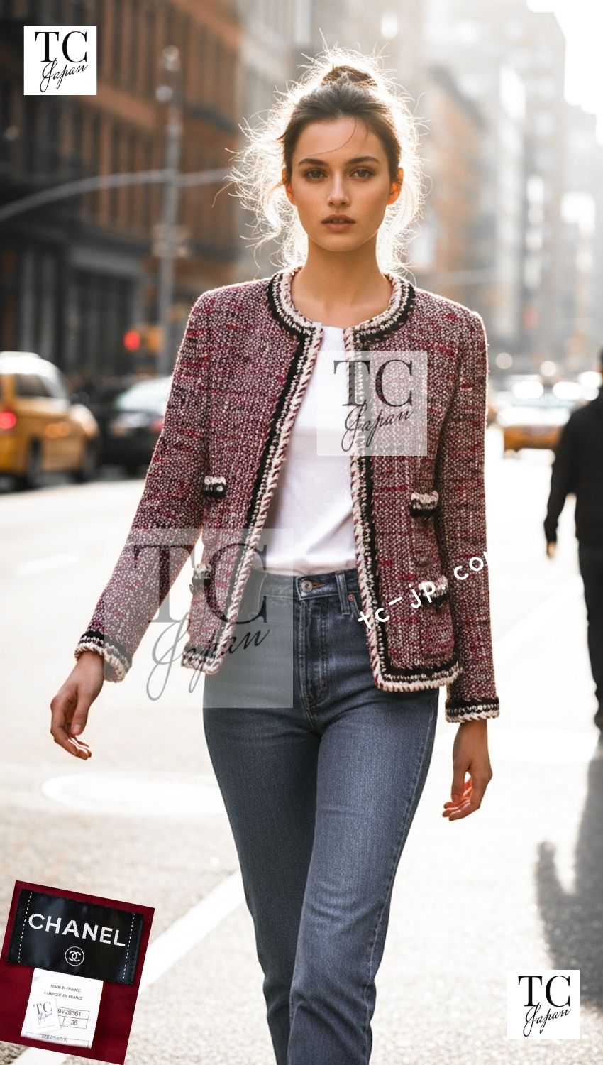 CHANEL 10A Red Black Ivory Wool Tweed Jacket 36 シャネル レッド ブラック アイボリー ウール ツイード ジャケット