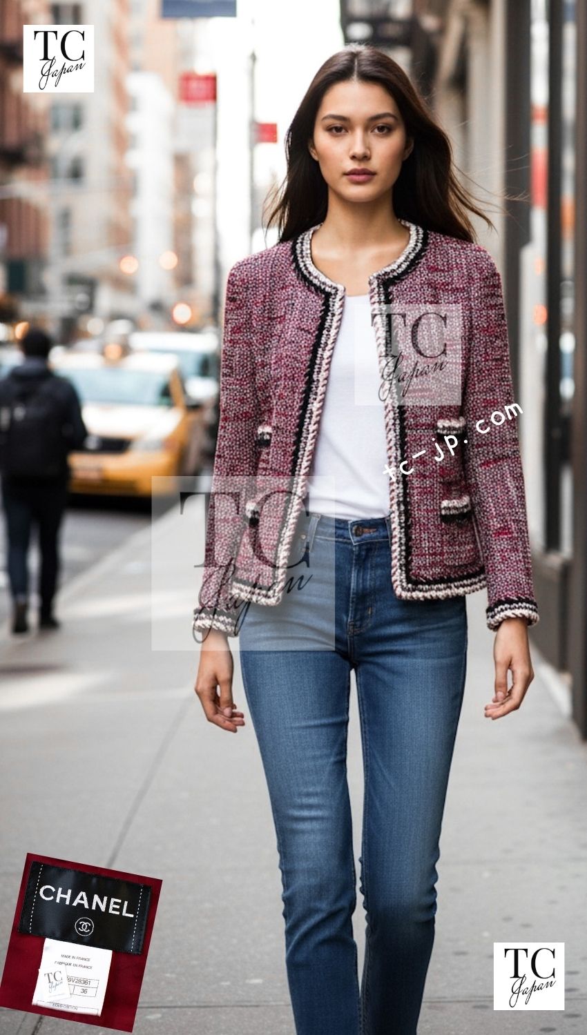 CHANEL 10A Red Black Ivory Wool Tweed Jacket 36 シャネル レッド ブラック アイボリー ウール ツイード ジャケット