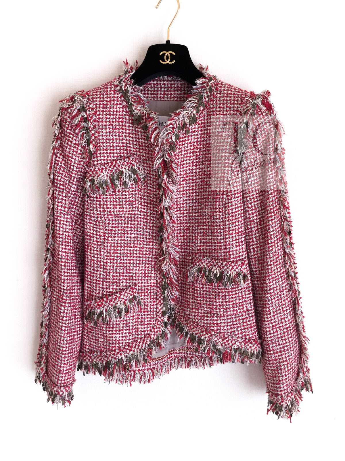 CHANEL 10C Red Metallic Gold Leaf Trim Fringe Wool Tweed Jacket 38 シャネル レッド メタリック ゴールド 木の葉 トリム フリンジ ウール ノーカラー ツイード ジャケット