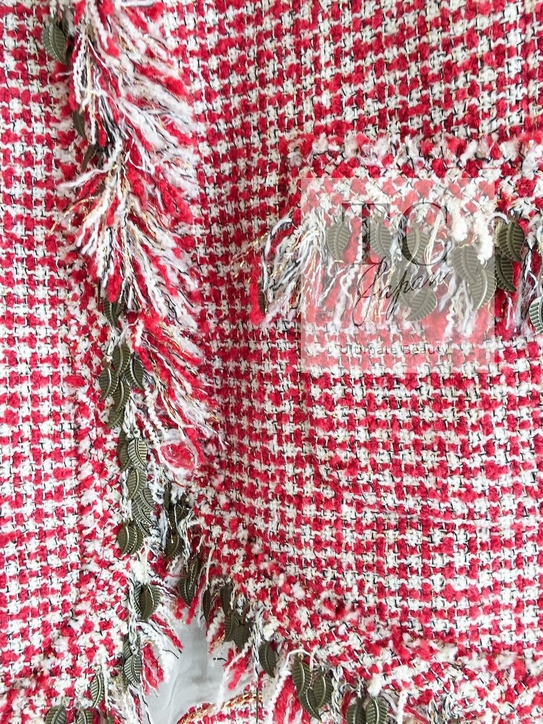 CHANEL 10C Red Metallic Gold Leaf Trim Fringe Wool Tweed Jacket 38 シャネル レッド メタリック ゴールド 木の葉 トリム フリンジ ウール ノーカラー ツイード ジャケット