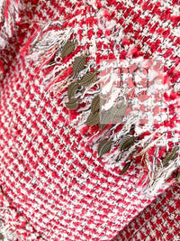 CHANEL 10C Red Metallic Gold Leaf Trim Fringe Wool Tweed Jacket 38 シャネル レッド メタリック ゴールド 木の葉 トリム フリンジ ウール ノーカラー ツイード ジャケット