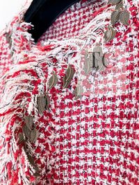 CHANEL 10C Red Metallic Gold Leaf Trim Fringe Wool Tweed Jacket 38 シャネル レッド メタリック ゴールド 木の葉 トリム フリンジ ウール ノーカラー ツイード ジャケット