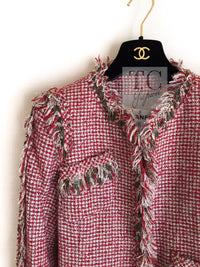 CHANEL 10C Red Metallic Gold Leaf Trim Fringe Wool Tweed Jacket 38 シャネル レッド メタリック ゴールド 木の葉 トリム フリンジ ウール ノーカラー ツイード ジャケット