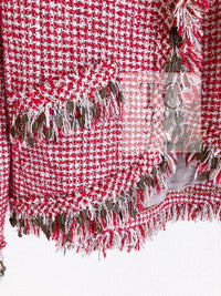 CHANEL 10C Red Metallic Gold Leaf Trim Fringe Wool Tweed Jacket 38 シャネル レッド メタリック ゴールド 木の葉 トリム フリンジ ウール ノーカラー ツイード ジャケット