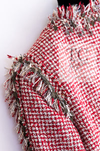 CHANEL 10C Red Metallic Gold Leaf Trim Fringe Wool Tweed Jacket 38 シャネル レッド メタリック ゴールド 木の葉 トリム フリンジ ウール ノーカラー ツイード ジャケット