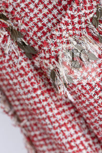 CHANEL 10C Red Metallic Gold Leaf Trim Fringe Wool Tweed Jacket 38 シャネル レッド メタリック ゴールド 木の葉 トリム フリンジ ウール ノーカラー ツイード ジャケット