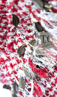 CHANEL 10C Red Metallic Gold Leaf Trim Fringe Wool Tweed Jacket 38 シャネル レッド メタリック ゴールド 木の葉 トリム フリンジ ウール ノーカラー ツイード ジャケット