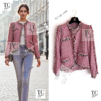 CHANEL 10C Red Metallic Gold Leaf Trim Fringe Wool Tweed Jacket 38 シャネル レッド メタリック ゴールド 木の葉 トリム フリンジ ウール ノーカラー ツイード ジャケット
