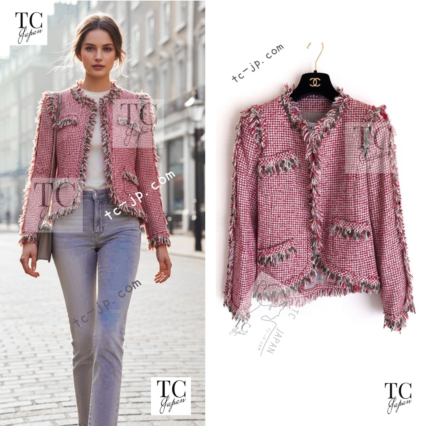 CHANEL 10C Red Metallic Gold Leaf Trim Fringe Wool Tweed Jacket 38 シャネル レッド メタリック ゴールド 木の葉 トリム フリンジ ウール ノーカラー ツイード ジャケット