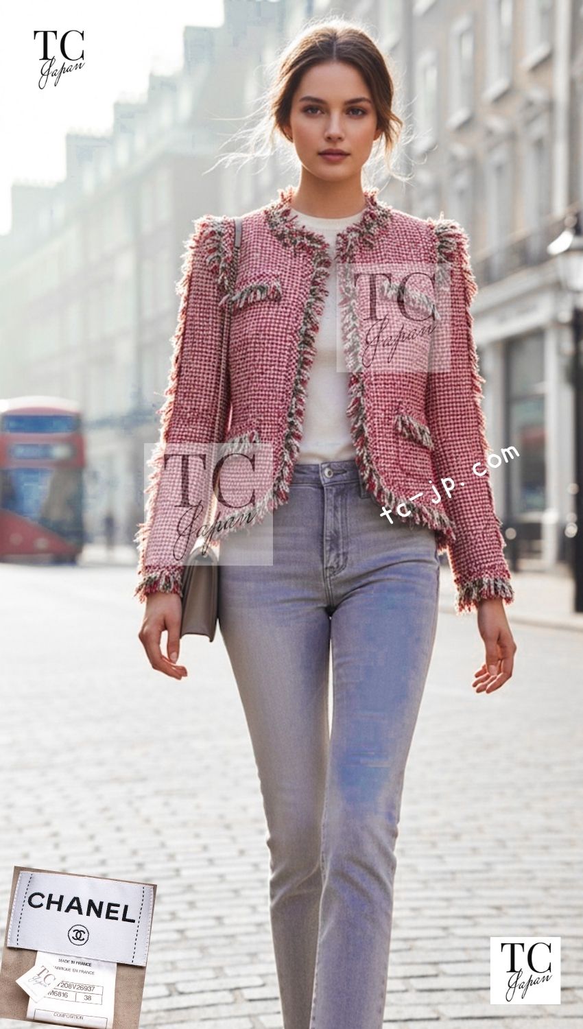 CHANEL 10C red gold trim tweed wool fringe metallic women's jacket 1