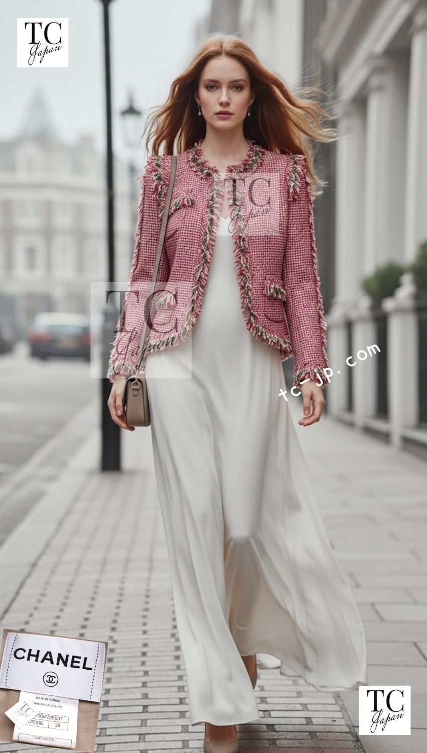 CHANEL 10C Red Metallic Gold Leaf Trim Fringe Wool Tweed Jacket 38 シャネル レッド メタリック ゴールド 木の葉 トリム フリンジ ウール ノーカラー ツイード ジャケット