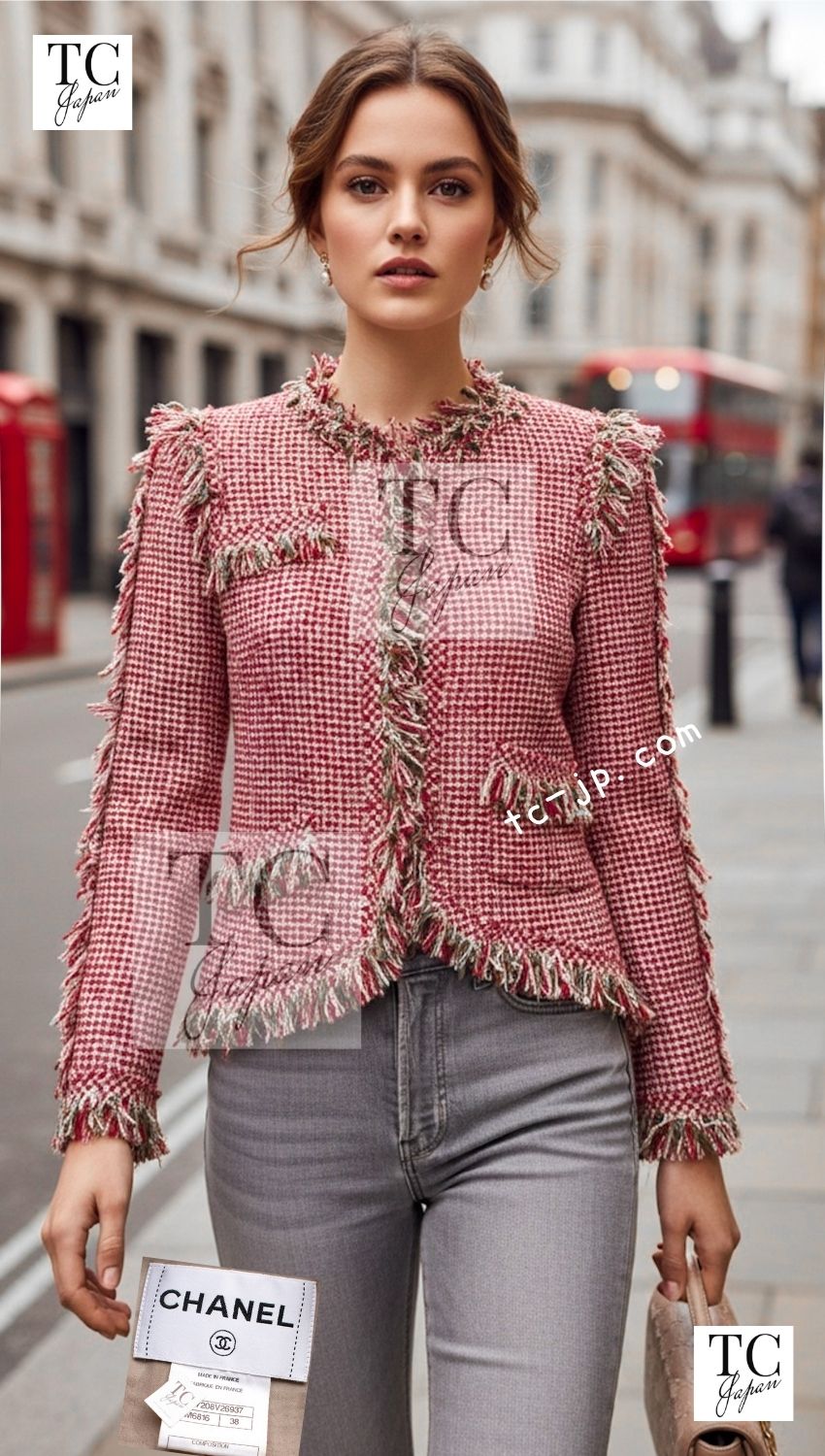 CHANEL 10C Red Metallic Gold Leaf Trim Fringe Wool Tweed Jacket 38 シャネル レッド メタリック ゴールド 木の葉 トリム フリンジ ウール ノーカラー ツイード ジャケット