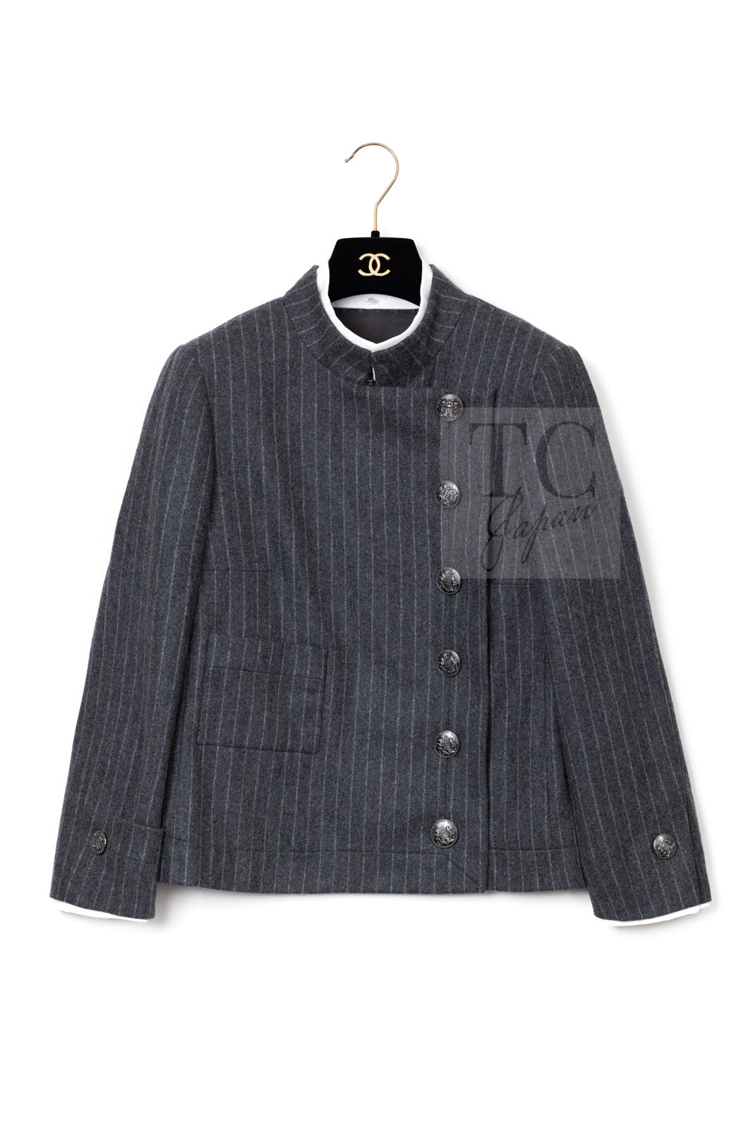 Chanel 18pf Charcoal Grey Striped Wool Jacket 03