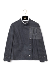 Chanel 18pf Charcoal Grey Striped Wool Jacket 03